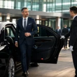 Business executive stepping out of a luxury chauffeur-driven sedan outside a modern corporate building, representing premium corporate luxury car service and executive transportation services.