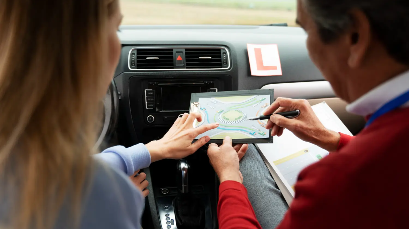 Inside a vehicle where two people review a route map and navigation diagram on a clipboard to plan an efficient point-to-point car service journey